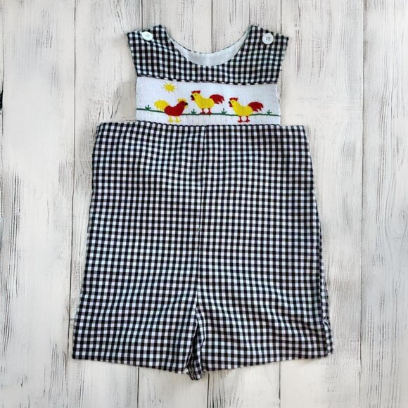 Smocked Frocks Checked Rooster Shortalls Size 5 - Picture 1 of 5